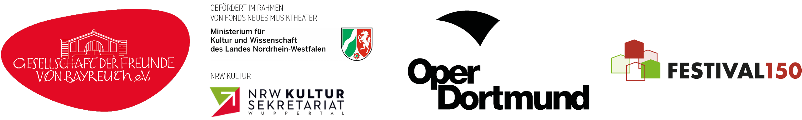 Logos der Förderer: Gesellschaft der Freunde von Bayreuth e.V., NRW Kultursekretariat, Ministerium für Kultur und Wissenschaft NRW, Oper Dortmund, Festival 150